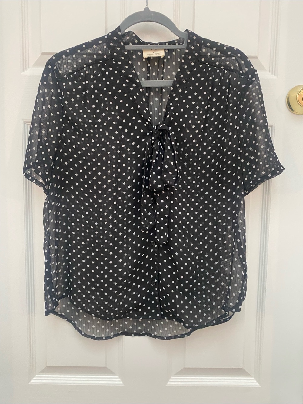 Pins & Needles Sheer Lightweight Black Polka Dot Tie-Neck Blouse - Large